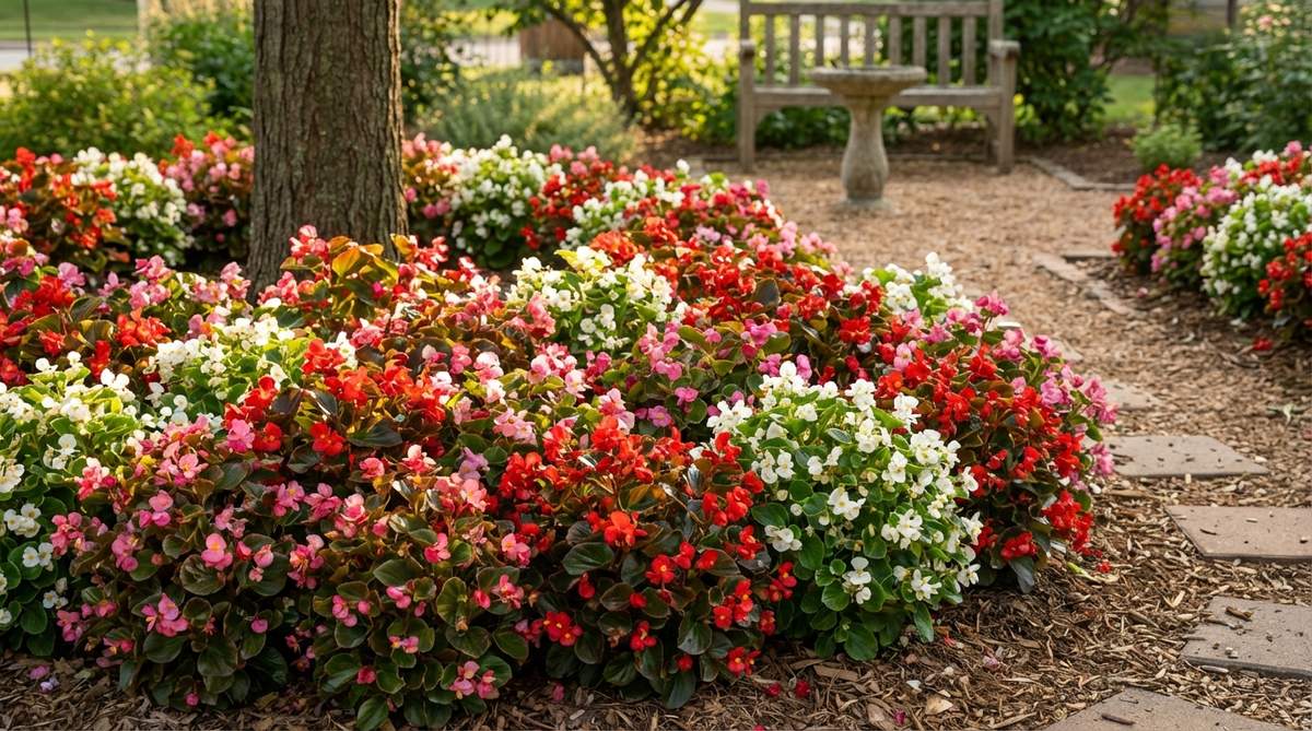 A close-up photograph of wax begonias forming dense mounds 8-12 inches tall, covered with vibrant pink, red, or white flowers. The image shows the plant's bronze or green foliage providing color contrast, thriving in partial shade to full sun conditions with self-cleaning flowers that require no deadheading.