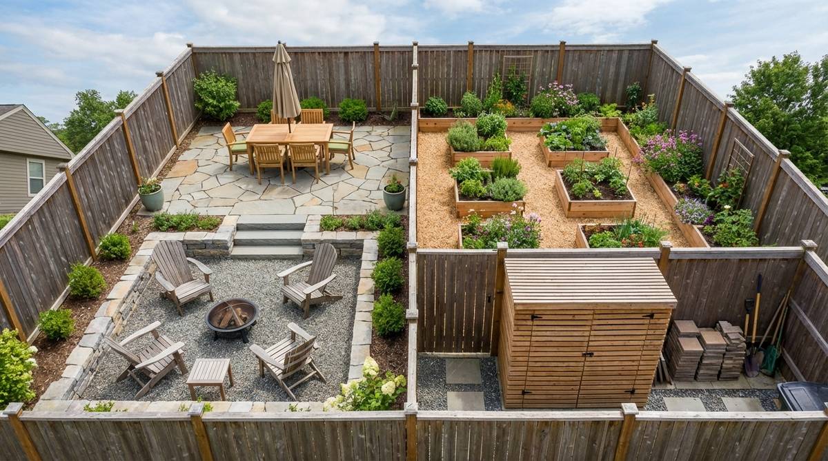 Aerial view of a small garden organized into distinct rectangular zones for dining, planting, relaxing, and storage, using different materials to visually separate each compartment in a space-efficient design suitable for plots under 400 square feet.