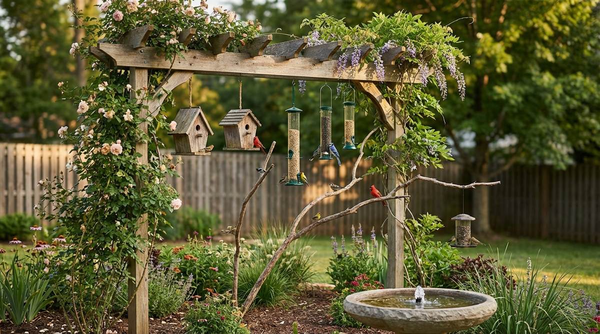 A decorative bird feeder station hanging from pergola beams, featuring rustic wood houses and modern glass tube designs that attract songbirds and complement garden aesthetics. Positioned with nearby perching branches and water sources to create a backyard bird sanctuary.