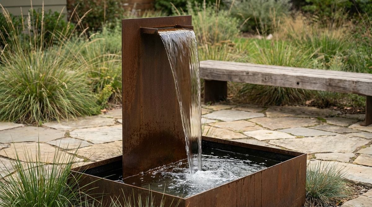 A minimalist water fountain featuring a single vertical blade that releases water in a thin sheet into a basin below. The stainless steel or corten steel sculpture creates a clear visual statement against simple garden backgrounds while producing soothing water sounds perfect for seating areas.