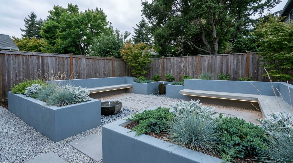 A minimalist modern zen garden featuring blue-gray tinted concrete elements, such as planters and seating walls, subtly integrated to complement silver and blue-green foliage, evoking water and sky themes within a neutral, restrained design.