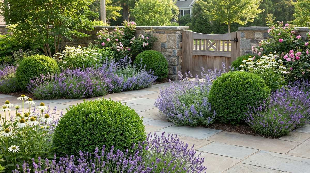 Clipped boxwood spheres 18-24 inches in diameter create formal punctuation within informal cottage plantings. Their year-round green structure anchors bed corners and pathway intersections, surrounded by loose, billowing perennials for contrast.