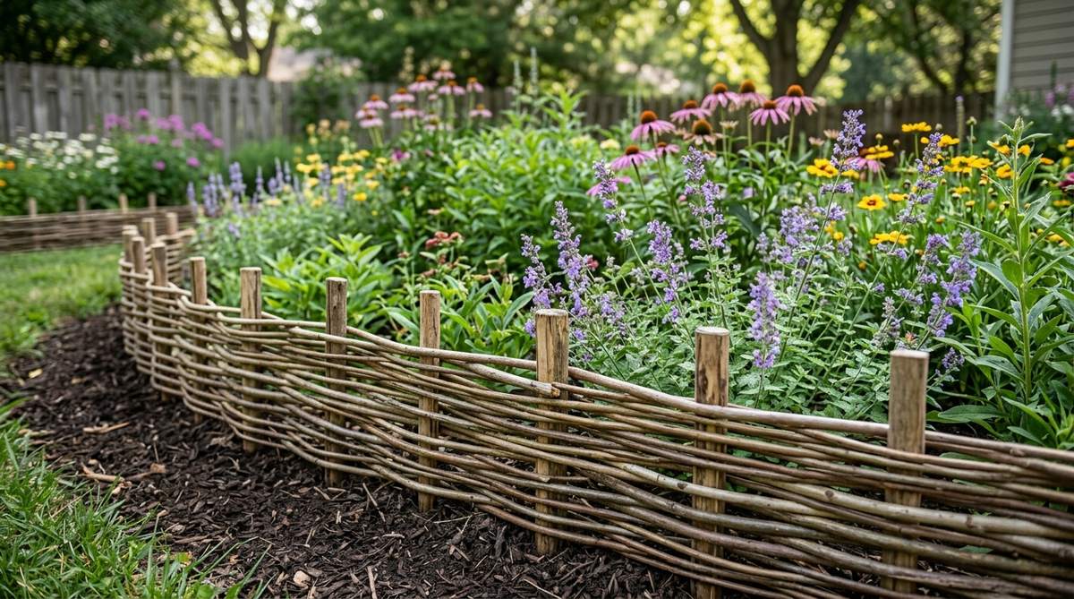 A rustic garden edging made by weaving flexible willow or birch twigs through vertical stakes using the traditional wattle-fence technique. This low decorative border defines planting beds with a permeable, cottage-garden charm, ideal for informal settings. Created from pruned materials, it's a cost-effective and sustainable option that can be replaced annually as the twigs decompose, with potential for sprouting if fresh-cut willow is used during the dormant season.