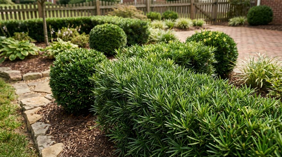 A close-up image of Buddhist Pine (Podocarpus macrophyllus) showcasing its long, narrow evergreen leaves that create a refined, almost tropical appearance, ideal for shaping in Japanese gardens. The dense foliage is well-suited for hedges and topiary forms, with the plant thriving in zones 7-11 and tolerating shade better than most conifers.