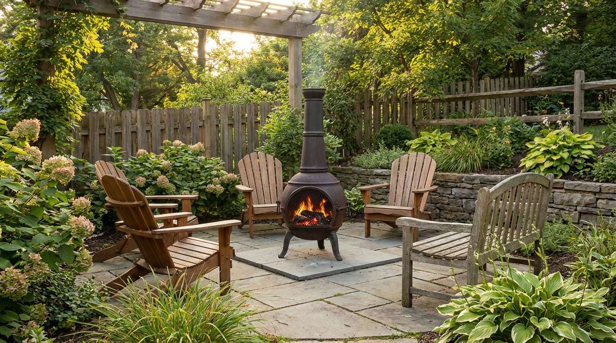 A traditional cast iron chiminea with a bulbous body and tall chimney, radiating warmth in a garden seating area. Placed on a fire-resistant pad, it directs smoke upward safely, ideal for gatherings in smaller spaces.