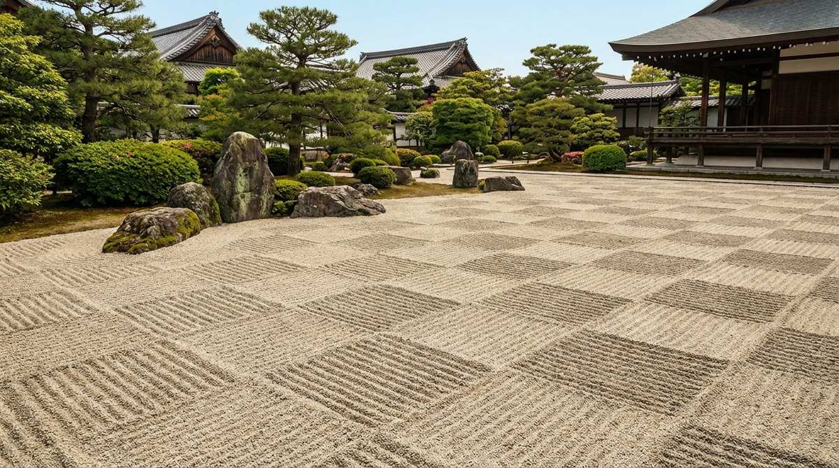 A detailed image showing the checkerboard grid pattern created by perpendicular raking in a Japanese Zen garden, as seen at Ginkakuji Temple. The pattern features alternating rake directions in square sections, producing contrasting textures that highlight precise craftsmanship and a modern aesthetic.