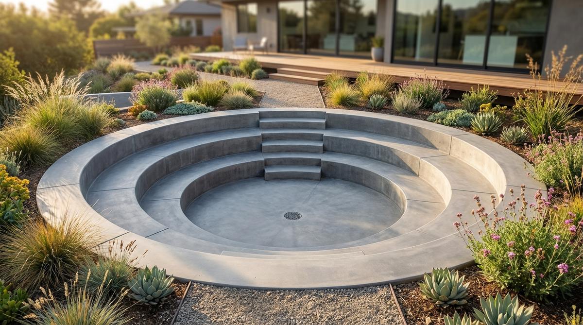 A modern garden design featuring a circular conversation pit with concentric concrete rings descending into the ground, creating amphitheater-style seating. This sunken feature provides wind protection and intimacy, designed with gradual steps for easy access and drainage at the lowest point to prevent water accumulation.