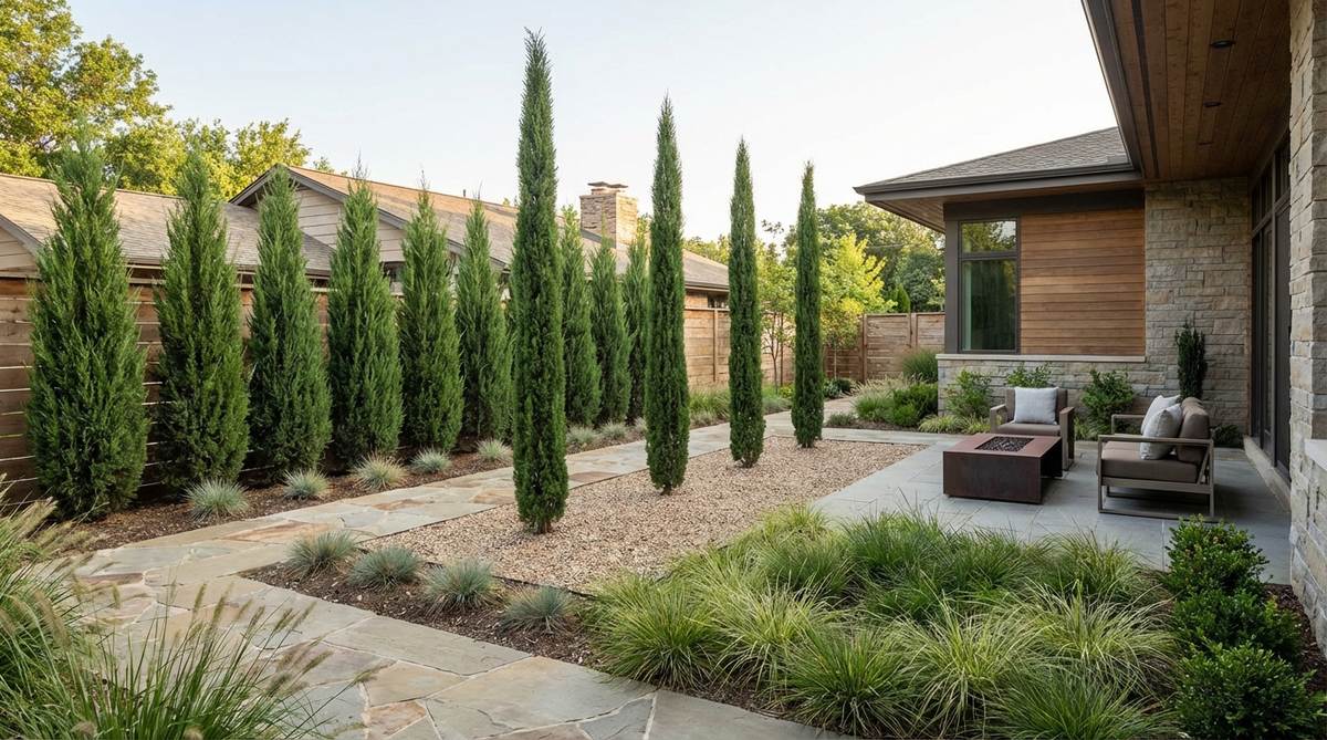 A modern garden featuring narrow, upright columnar evergreens like Italian cypress and 'Skyrocket' juniper, showcasing their vertical punctuation and architectural geometry. The image illustrates how these conifers can be planted singly as focal points or in rows to create living walls, without consuming excessive horizontal space.