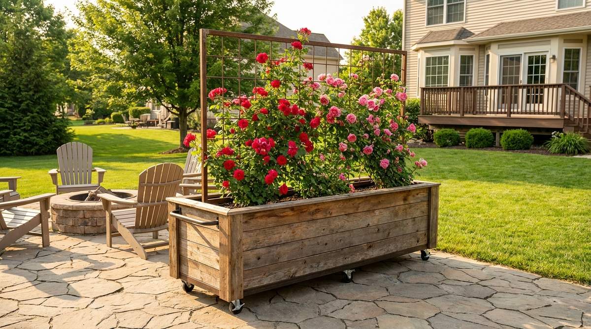 A large container with integrated trellis supporting climbing roses, demonstrating a portable garden system suitable for patios, decks, or seasonal repositioning. The setup shows how mobile containers allow for sun-tracking and winter protection in rose cultivation.