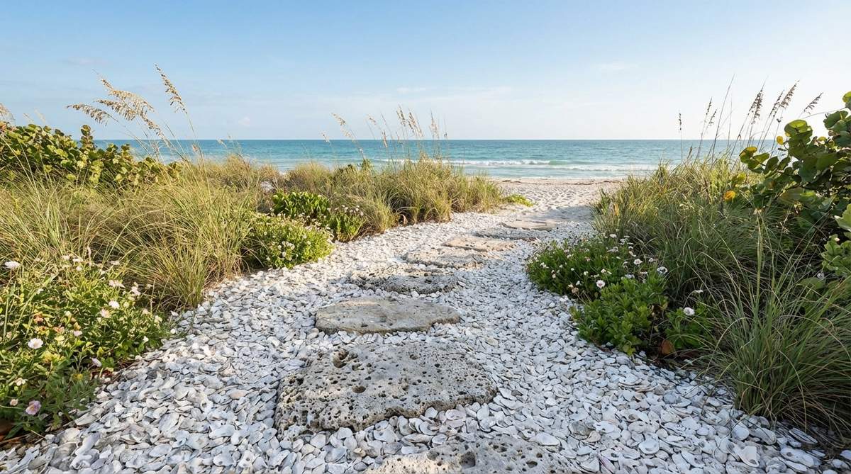 A coastal garden stepping stone path featuring bright white crushed oyster and clam shells as the base layer, with porous coral stone or travertine stepping stones arranged on top. The materials create an authentic beach environment aesthetic with excellent drainage for sandy waterfront soils.
