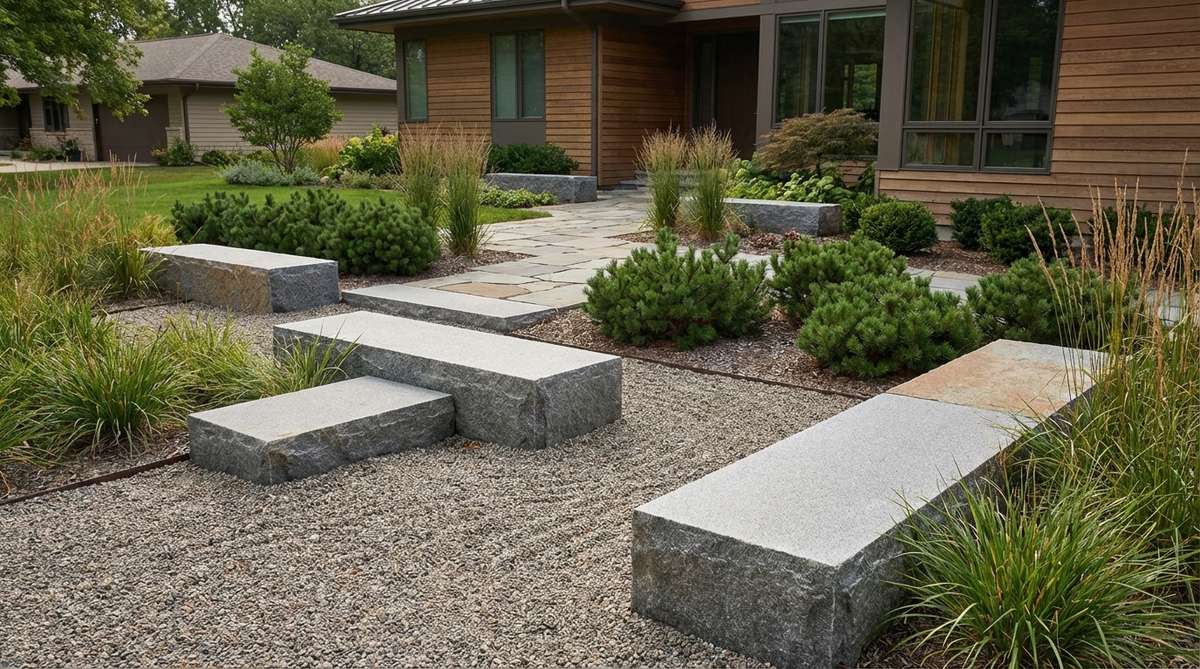 A geometric arrangement of rectangular cut stones with sharp edges and flat planes, arranged in an asymmetric composition following Japanese rock garden principles. The cubic stones create focal points with negative space between them being as important as the solid forms, emphasizing human intervention in natural garden settings.