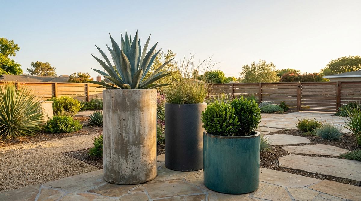 A dynamic arrangement of oversized cylindrical planters in concrete, fiberglass, or glazed ceramic, showcasing movable color and texture in a mid-century modern garden setting. Features three cylinders of varying heights planted with single species like agaves, ornamental grasses, or clipped evergreens for bold impact.