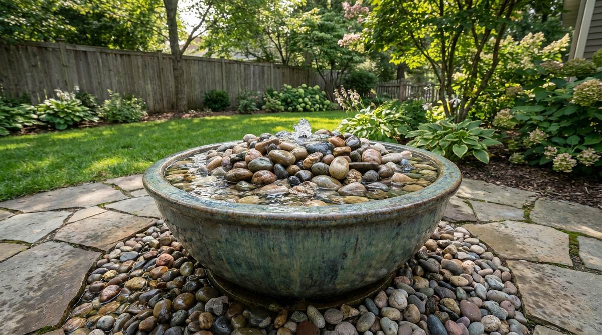 A glazed ceramic bowl filled with polished river rocks, with water bubbling up through the stones from a hidden submersible pump, creating gentle surface movement for a small garden fountain project.