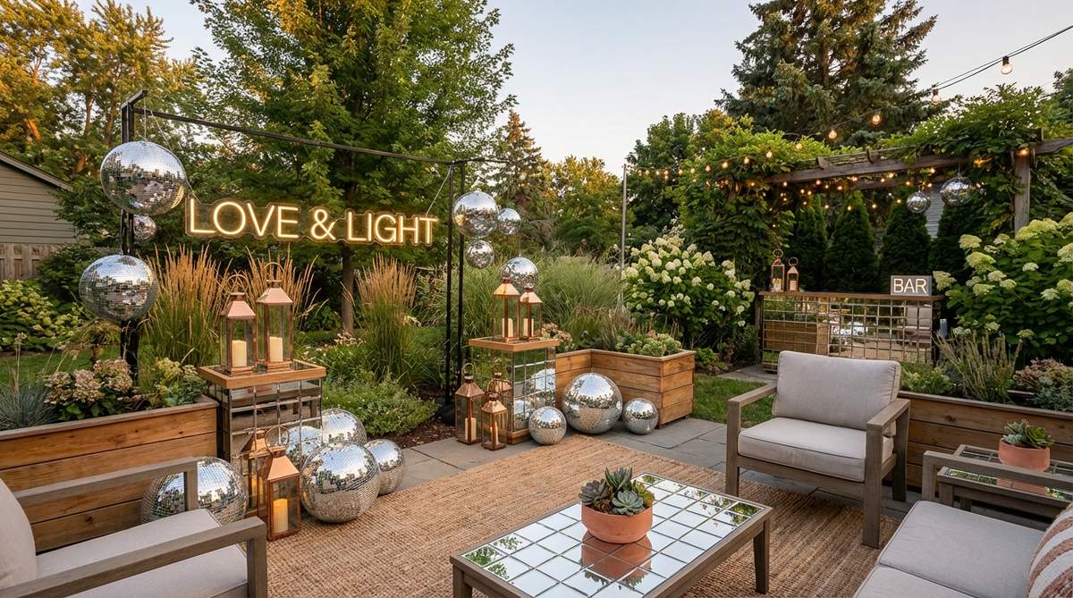 A contemporary garden wedding decor featuring reflective disco balls positioned near neon signs and lanterns, creating playful lighting effects with mirrored tiles multiplying light sources. Perfect for bar areas or lounge zones where modern aesthetics complement socializing, adding personality to traditional garden settings while maintaining overall wedding cohesion.