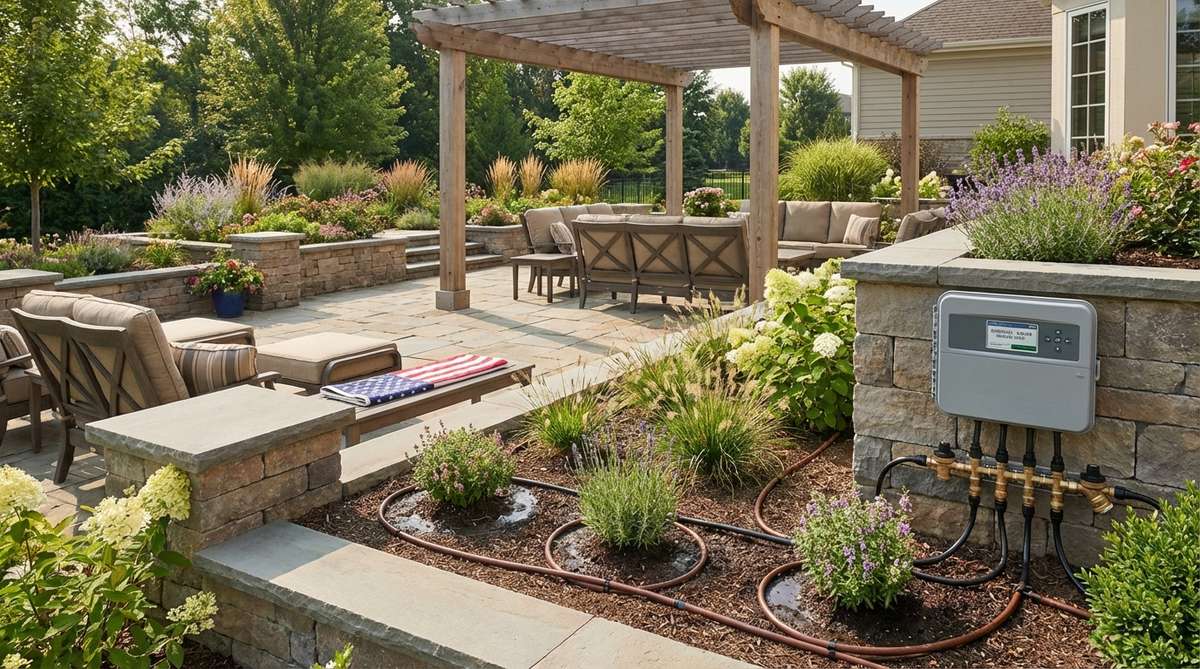 A smart Wi-Fi enabled drip irrigation controller with automated scheduling, pressure regulators, and subsurface lines delivering water efficiently to plant root zones in a terrace garden, reducing water waste by 50% compared to overhead methods.