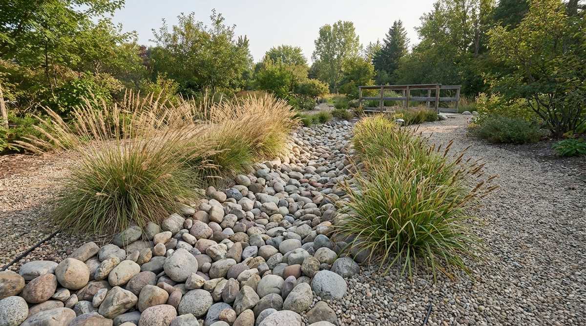 A naturalistic dry creek bed transition in a gravel garden path, featuring larger river rocks (3-6 inches) in the center channel that grade to finer gravel at the edges. This design handles occasional water flow while maintaining pedestrian access, with moisture-loving ornamental grasses and sedges planted along the banks. The aesthetic suits woodland and prairie garden styles, turning water movement into a design feature.