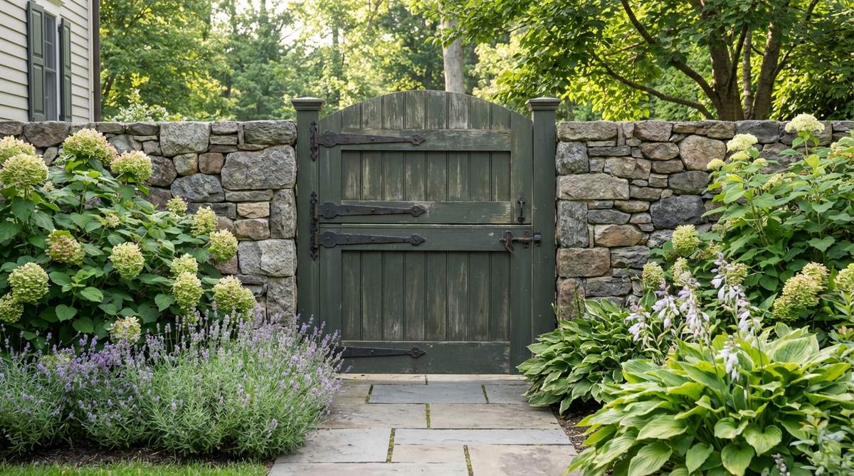 A traditional split Dutch door garden gate with independently operating upper and lower sections, ideal for flexible access control in small gardens. This design enhances cottage charm while providing ventilation and safety for pets and children, with decorative hardware and proportions aligned with porch rail heights.