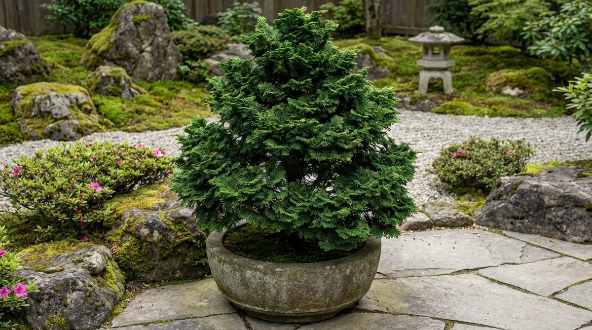 A close-up image of a Dwarf Hinoki Cypress, showcasing its slow-growing, dense pyramidal form with fan-like sprays of dark green foliage. The tree is depicted in a garden setting, highlighting its suitability for containers and Japanese-inspired designs, with fine texture and no pruning required.