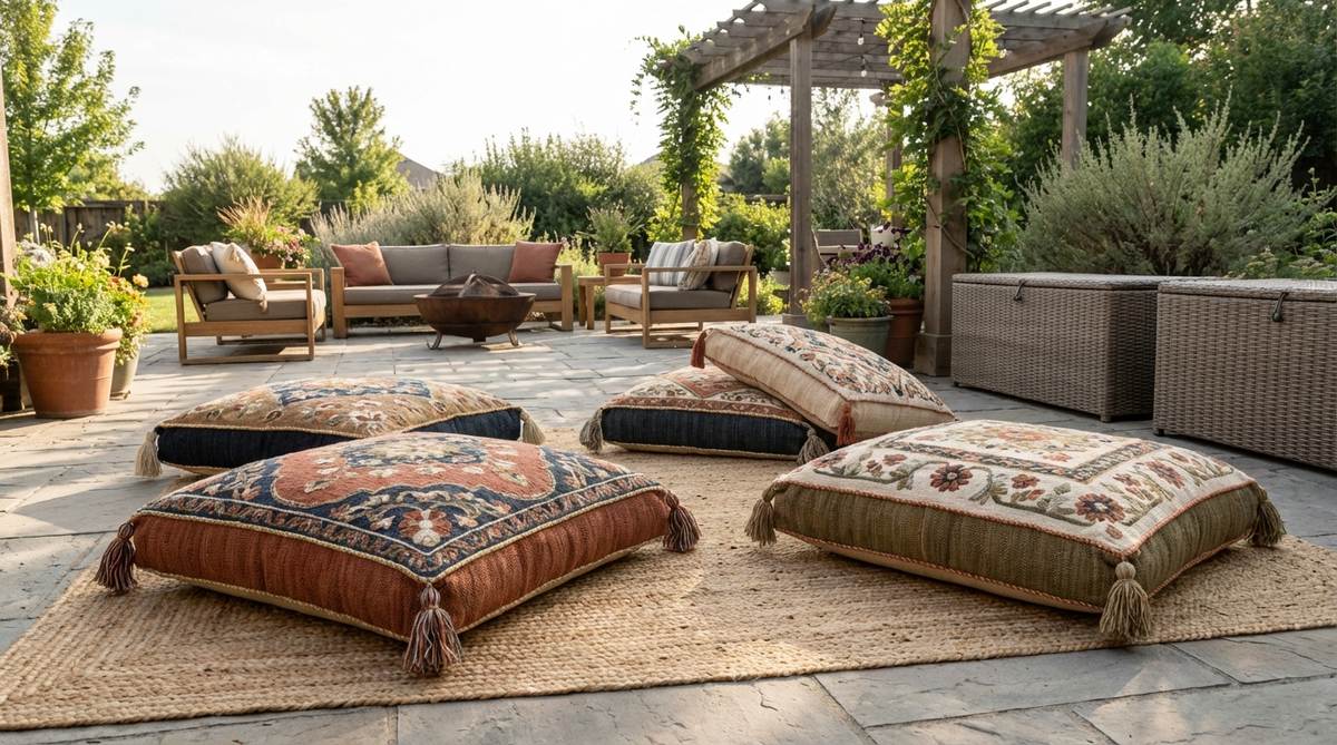 A set of embroidered floor cushions with hand-stitched traditional patterns, tasseled corners, and piped edges, arranged as flexible floor seating for boho garden furniture. Perfect for creating cohesive outdoor seating areas that can be stored in weatherproof containers.