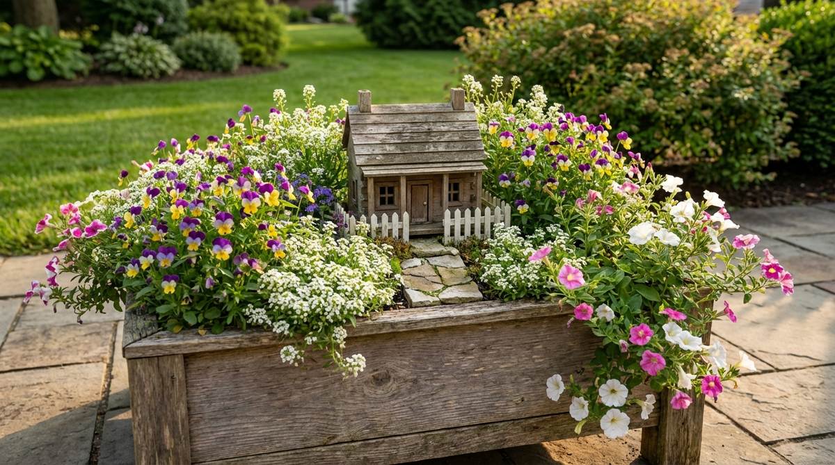 A densely planted miniature English cottage garden featuring small flowering plants like violas, alyssum, and petunias tumbling around a tiny cottage with a white picket fence, capturing the romantic and slightly wild cottage garden spirit in a vintage container setting.