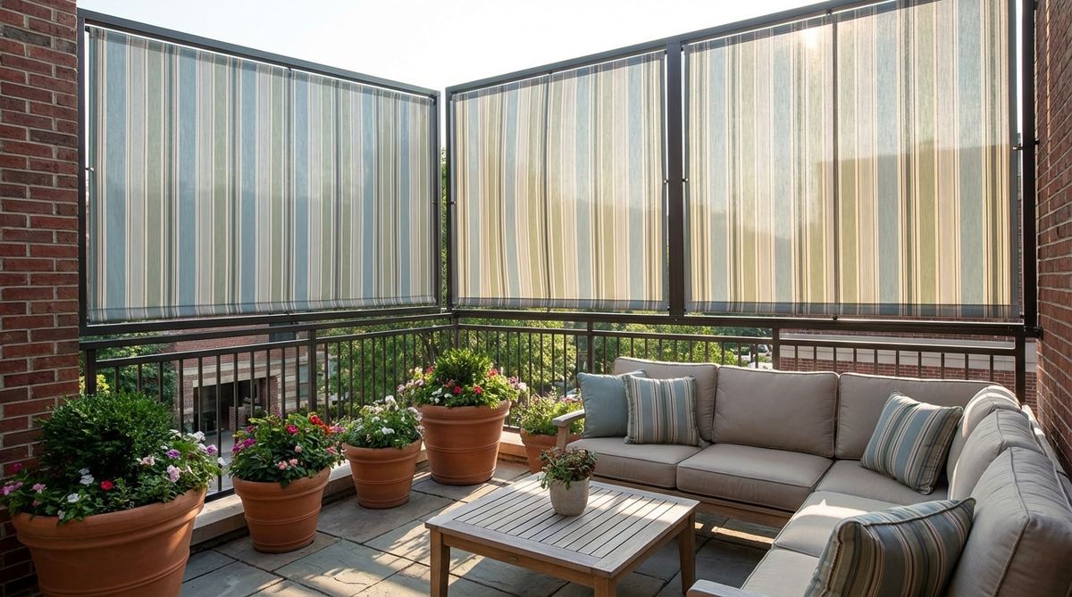 Colorful weather-resistant fabric privacy panels stretched in frames, providing UV-rated privacy solutions for balcony walls. The panels coordinate with outdoor furniture and planters, softening hard architectural elements while being removable for seasonal storage.