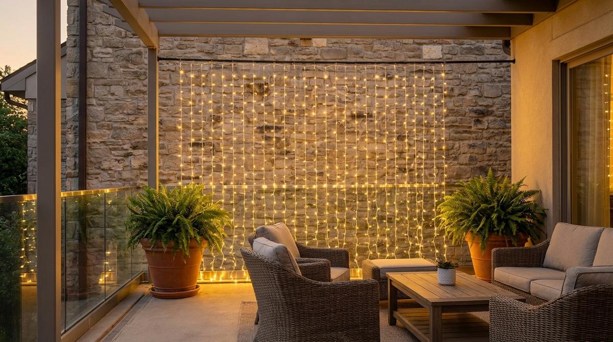 Vertical curtains of micro-LED fairy lights creating a shimmering backdrop on a balcony wall, measuring 6-10 feet wide by 6-10 feet tall, hung from tension rods or adhesive hooks to add movement and depth to the space.