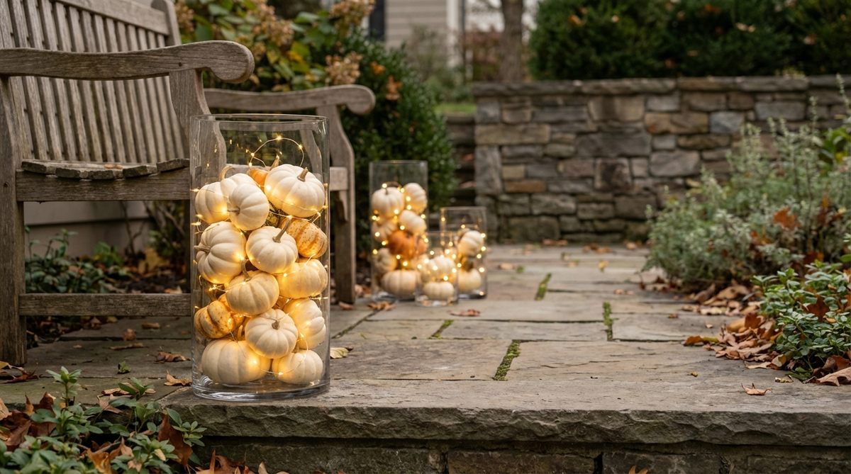 A clear glass vase or lantern filled with mini pumpkins and gourds, illuminated by battery-operated fairy lights nestled within, creating a magical glow visible through gaps. This arrangement uses white or pale pumpkins to enhance light transmission, ideal for grouping at varying heights on porches or garden paths for layered lighting effects in fall decor.