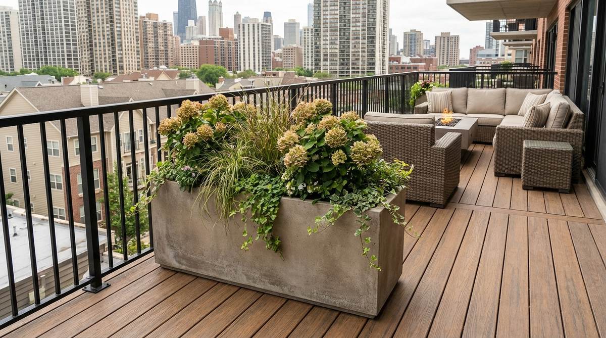 A lightweight fiberglass resin container on a balcony, mimicking stone or ceramic appearance with UV-stabilized finish to prevent fading in sunlight, ideal for high-rise gardens with weight restrictions.