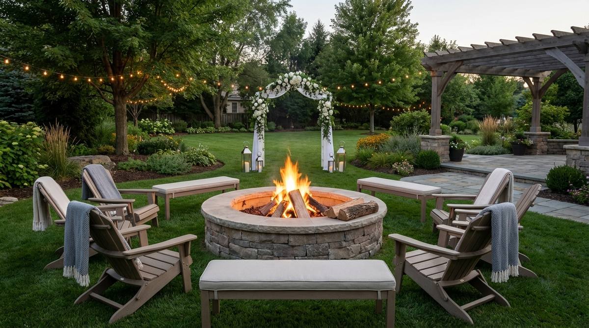 Elegant outdoor wedding setup with fire pit providing warmth and ambient lighting for evening celebrations. Shows safe placement with proper clearance from floral arrangements and seating areas.