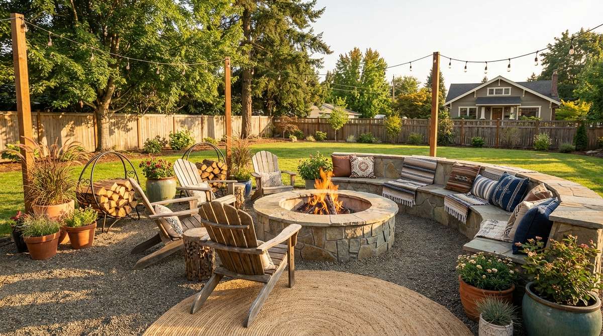 A central fire pit in a boho garden setting, providing warmth and a primal focal point for seating arrangements. Surrounded by Adirondack chairs or built-in stone seating, with decorative firewood holders nearby, creating a cozy and inviting outdoor space.