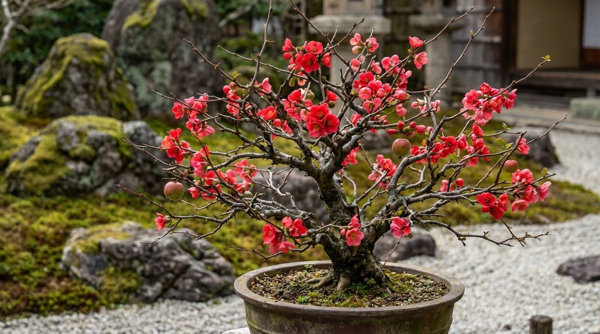A close-up image of a Flowering Quince bonsai (Chaenomeles species) in a Japanese garden setting, showcasing its vibrant orange, red, pink, or white flowers blooming on bare branches during late winter. The thorny growth adds authentic character, while small quince apples are visible, indicating cross-pollination and adding autumn interest, all scaled appropriately to bonsai proportions.