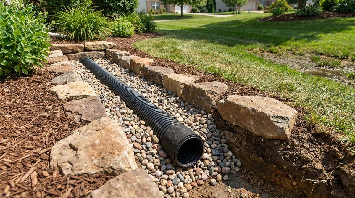 A cross-section diagram showing French drain stone edging installation with perforated drainage pipe surrounded by river rock in a sloped trench, demonstrating how this dual-purpose system manages water runoff while creating an attractive garden border that eliminates standing water in low areas.