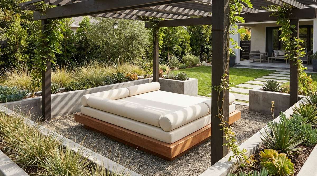A modern geometric daybed platform in a garden setting, featuring clean lines and architectural presence. The low platform with cushioned surface creates an inviting outdoor lounging area under a pergola structure, showcasing weather-resistant hardwood construction with dimensions of approximately 6x6 feet. The geometric form defines a relaxation zone with horizontal emphasis that complements contemporary garden decor.