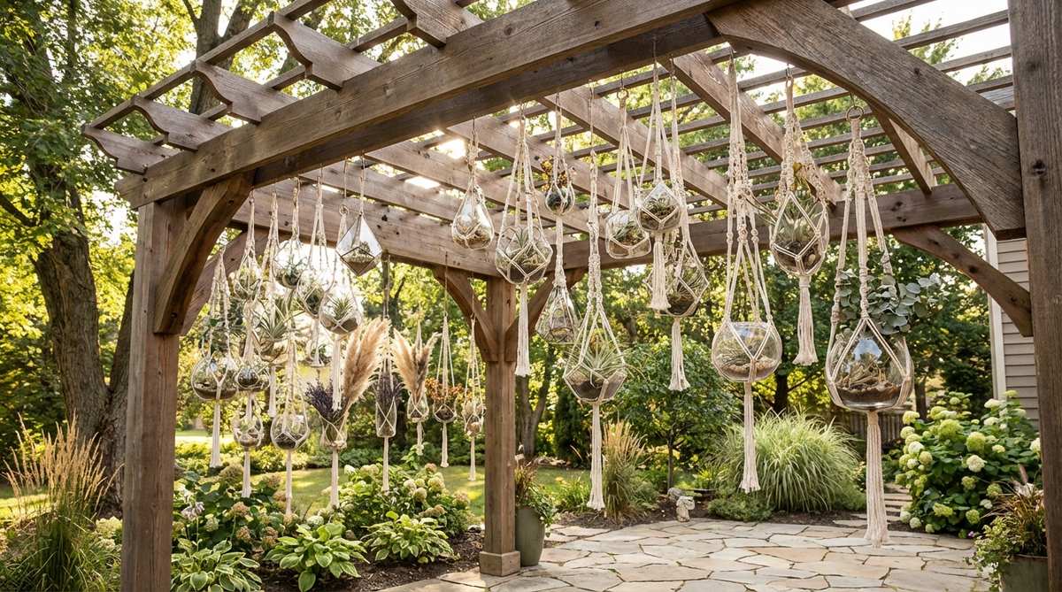 Glass terrariums suspended with macrame hangers create ethereal boho wedding decorations. Air plants and dried wildflowers inside require minimal care, while clustering at varying heights forms cloud-like installations perfect for venues with exposed beams.