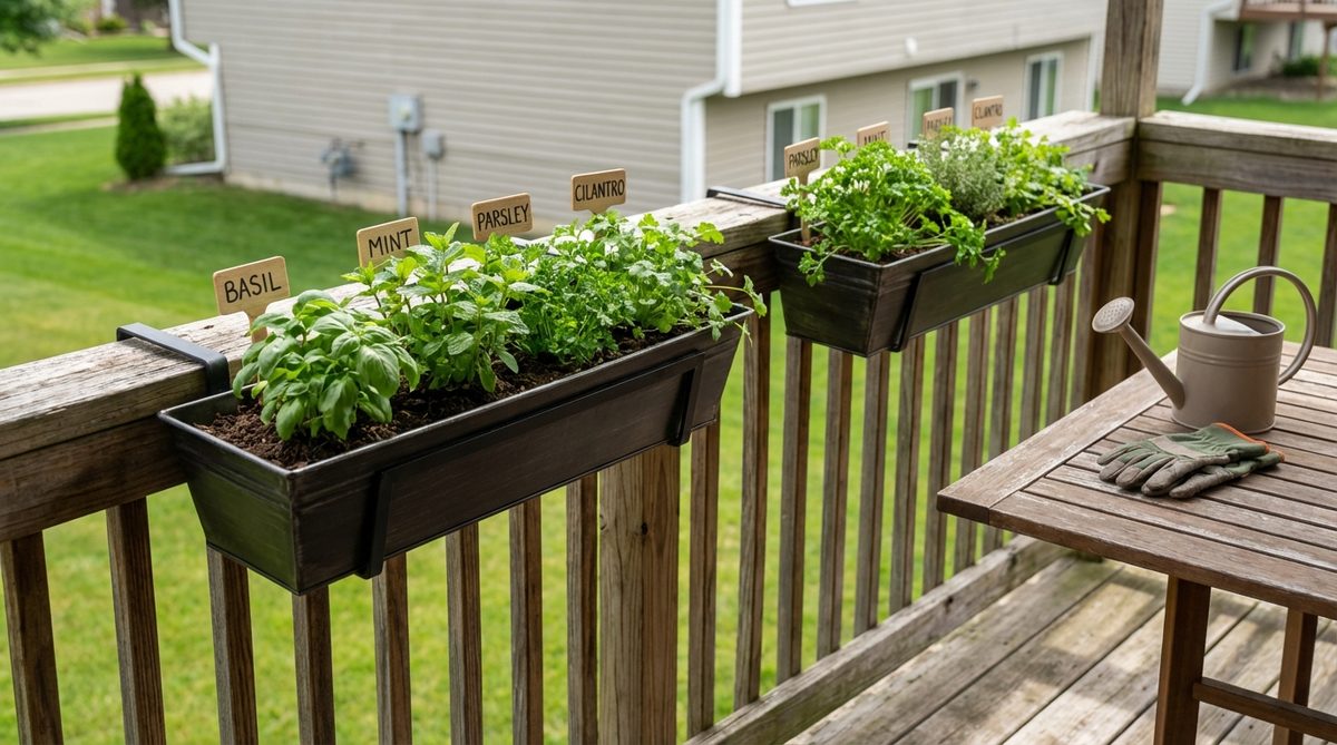A balcony railing kitchen garden featuring culinary herbs like basil, mint, parsley, and cilantro in elevated planters, showcasing convenient access, improved air circulation, and protection from pests for easy maintenance and regular harvesting.