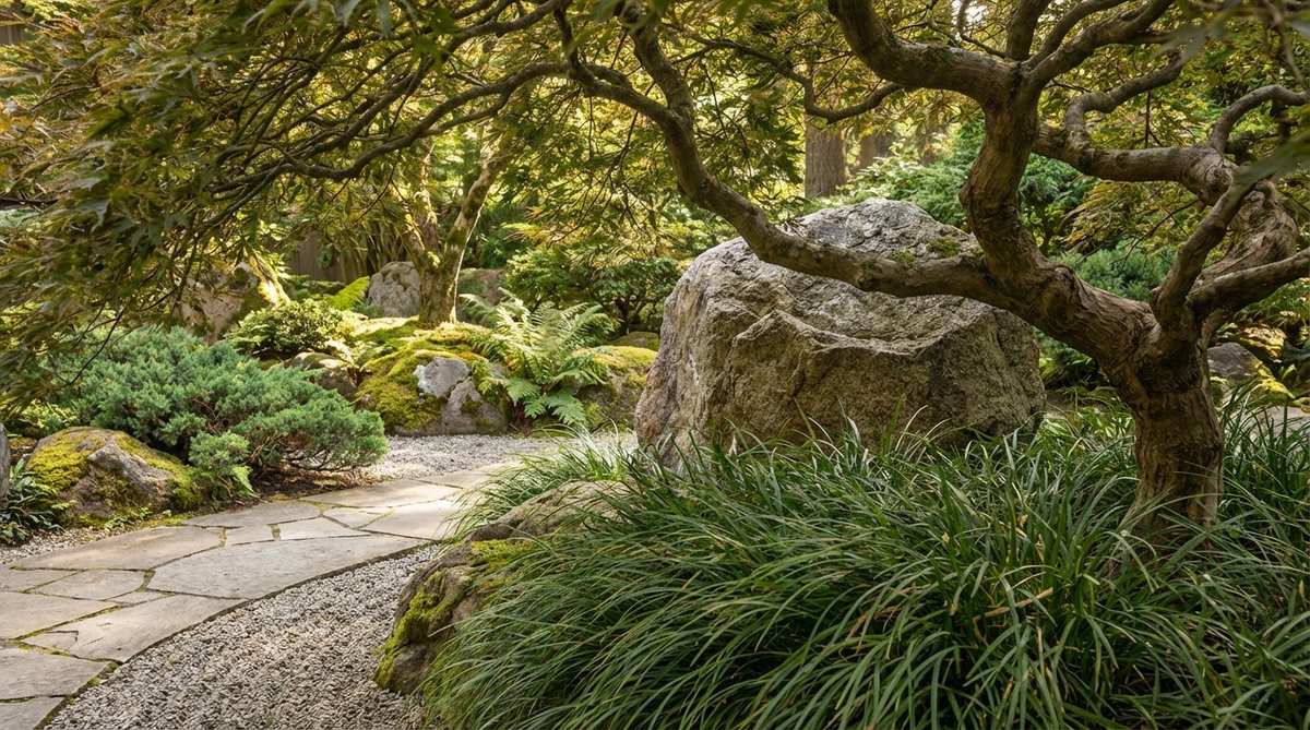 A significant stone partially obscured behind foreground elements in a Zen garden, creating mystery and depth. This hidden element rewards viewers who move through the space, suggesting complexity beyond what is immediately visible.