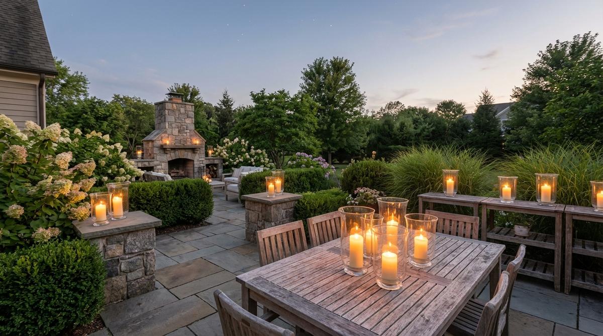 A group of traditional glass hurricane lanterns in varying heights, creating ambient candlelight arrangements for outdoor summer decor. The enclosed design protects flames from breezes while amplifying glow, ideal for dining tables, side tables, or outdoor shelving.