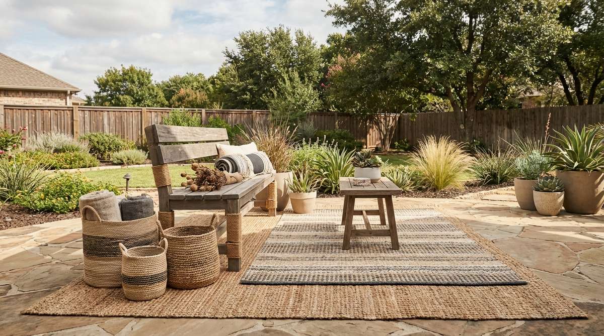 A boho decor style arrangement featuring natural jute and sisal applications including a layered rug setup with a jute base rug and patterned overlay, woven sisal baskets used for storage display, and jute rope accents wrapped around furniture legs. The image showcases the organic texture and neutral tones of these plant-based fibers that ground spaces in earthiness.