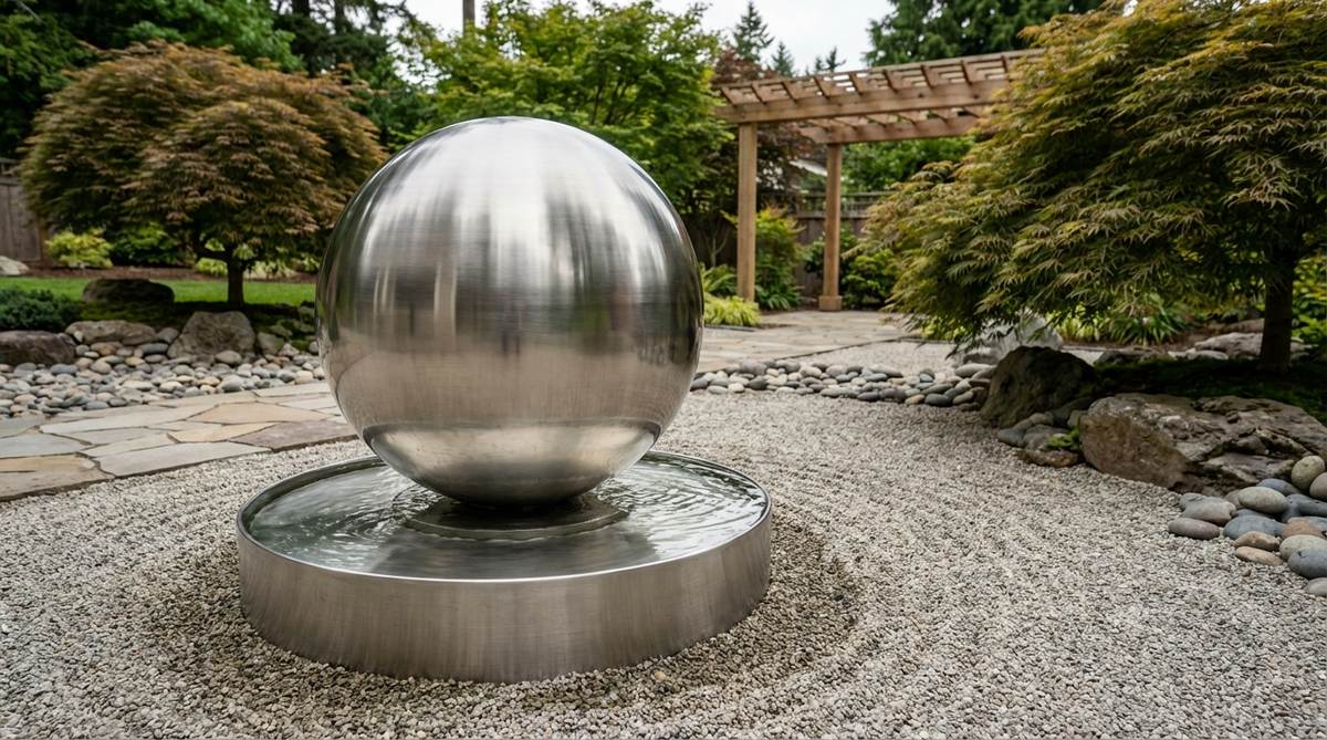 A polished kinetic sphere sculpture rotating on water bearings in a zen garden, demonstrating impermanence through constant motion as it reflects surrounding elements. The interactive sculpture responds to wind and touch, symbolizing life's cyclical nature and the wheel of dharma.