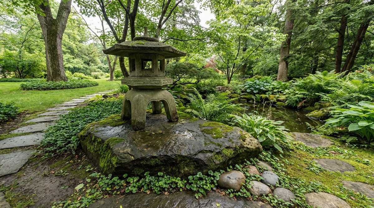 A flat, substantial stone serving as the foundation for a traditional Japanese stone lantern, partially buried to appear emerging from the earth, with the lantern positioned at a garden path intersection or water feature.