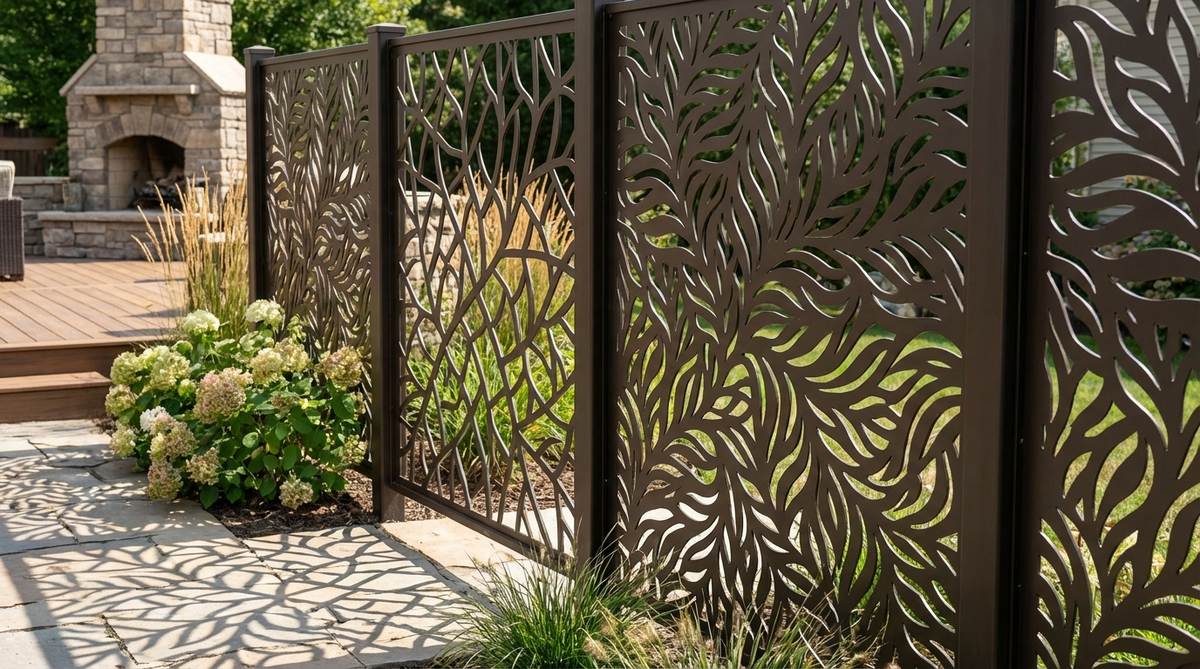 A close-up view of laser-cut decorative screen panels in a contemporary garden fence, showcasing custom abstract or botanical patterns cut from metal or composite sheets. The design provides privacy through visual complexity, with varying pattern densities for different areas, and features powder-coated colors that complement the surrounding planting scheme. Ideal for outdoor art installations, with potential for backlighting in the evening or natural shadow play during the day.