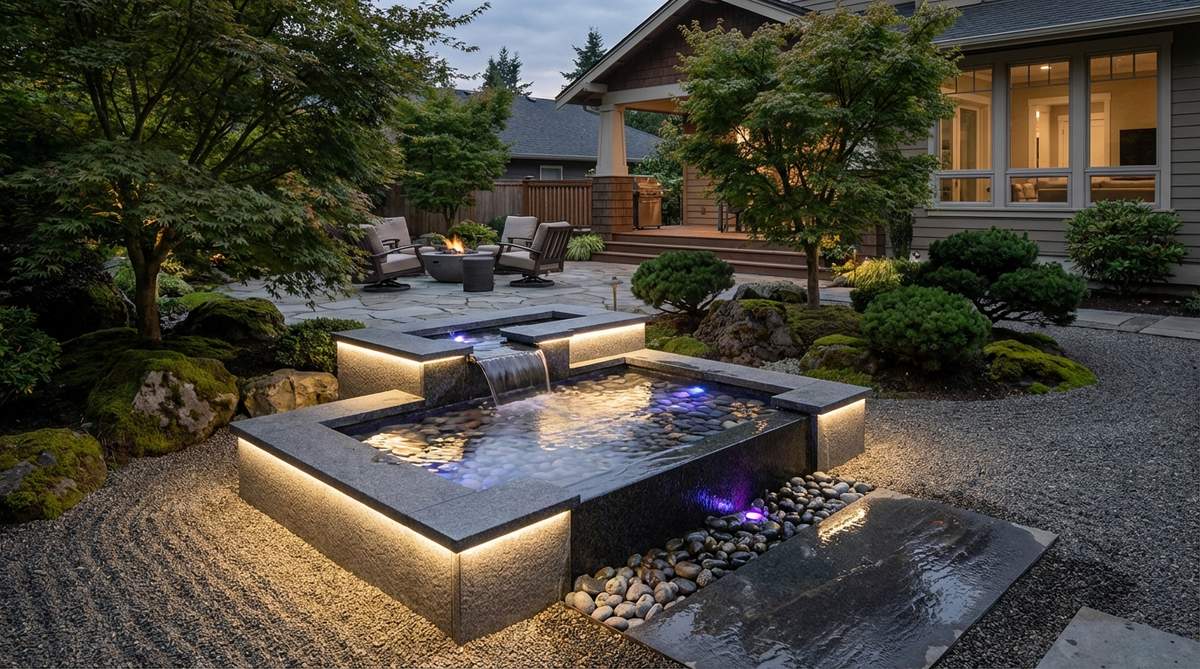 A modern LED-illuminated basin fountain in a Japanese garden, featuring low-voltage LED lights integrated into the basin or surrounding stones for dramatic evening effects. The warm white or subtle color-changing lights illuminate water movement and stone textures, transforming the water feature into a nighttime garden sculpture without glare.
