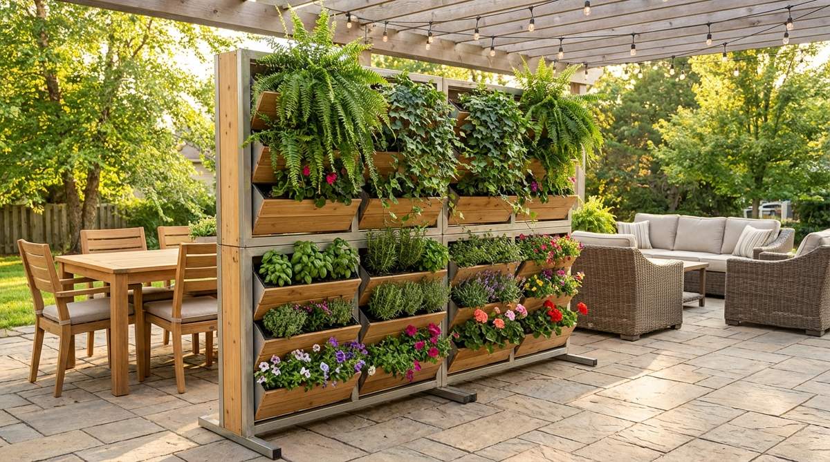 A freestanding vertical garden system measuring 6-8 feet tall and 8-12 feet wide, serving as a living partition between dining and lounge zones on an outdoor patio. The planted screen provides visual separation while maintaining airflow, featuring trailing plants like ferns and vines in upper sections, with compact herbs and flowers in middle and lower pockets. Positioned perpendicular to the main patio axis to maximize spatial division, this vertical garden reduces ambient temperature by 5-10 degrees through transpiration.