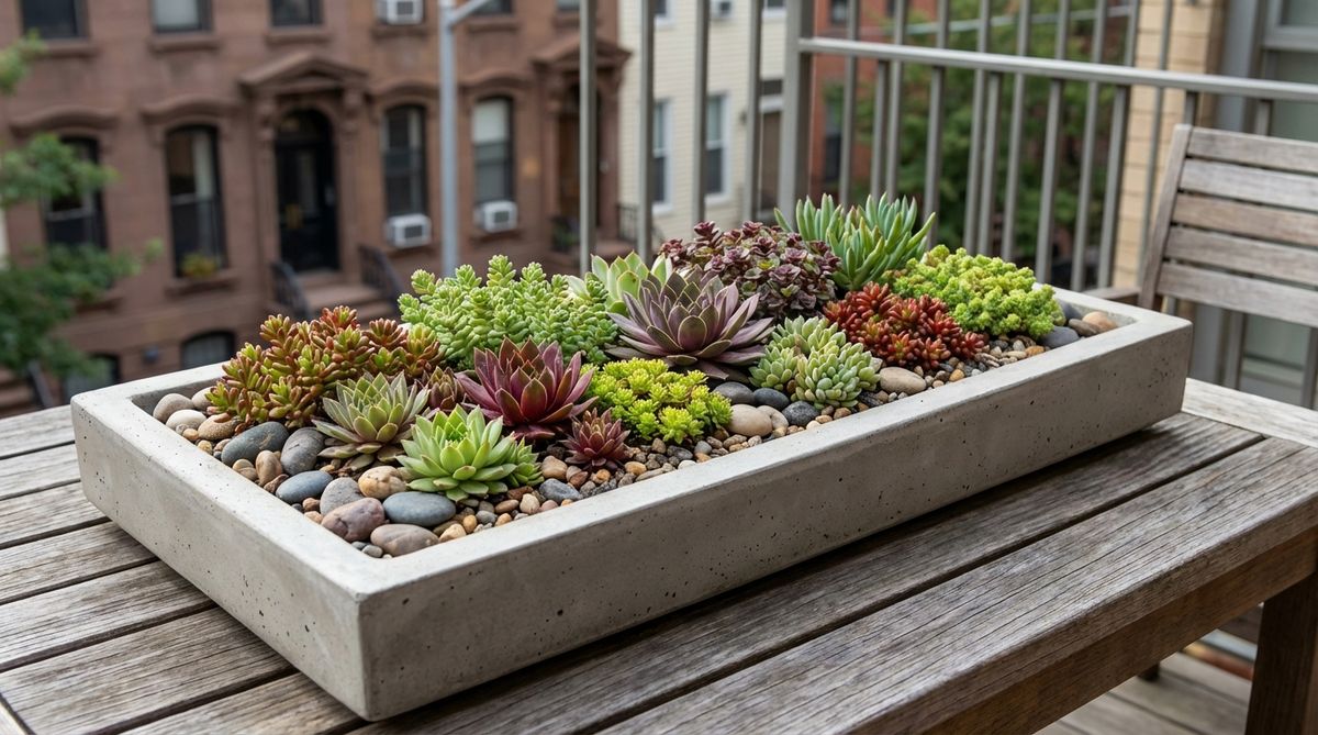 A shallow container garden featuring sedums, sempervivums, and stonecrop succulents growing 2-6 inches tall, with decorative gravel mulch to prevent soil erosion. Ideal for NYC balcony gardens due to minimal wind resistance and tolerance of temperature swings in zone 7b winters.