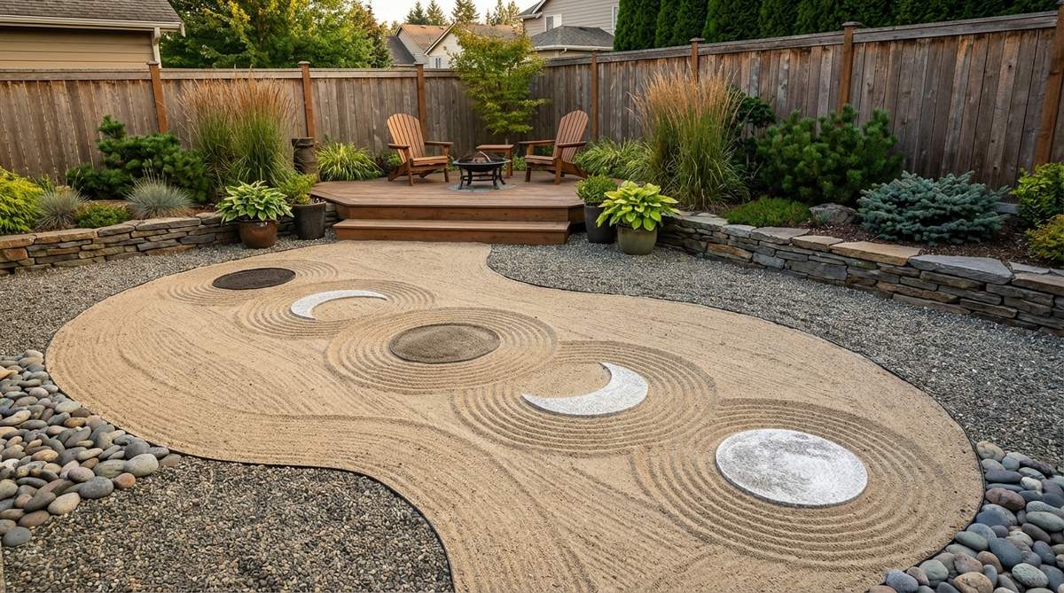 A symbolic pattern in a zen garden sand depicting circles and crescents that progress through moon phases from new to full, representing celestial cycles and designed for meditation and lunar observation.