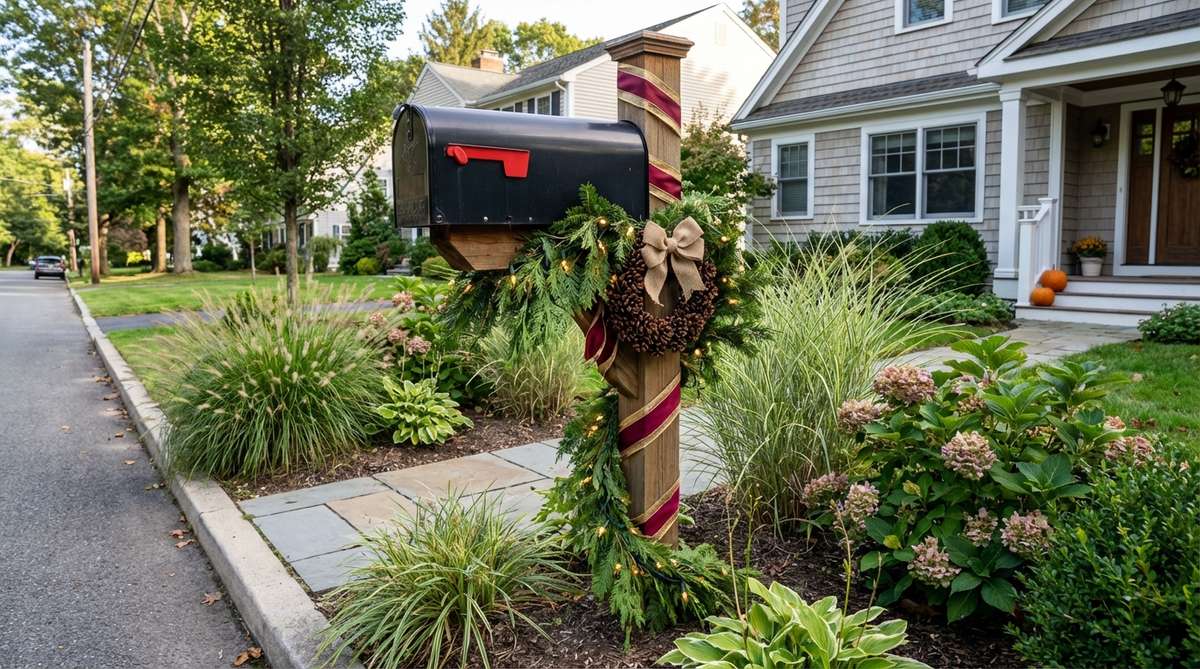 A creative garden design showcasing mailbox post transformations with decorative elements like ribbon spirals, evergreen swags, miniature wreaths, and lighting for cohesive street-facing presentations.