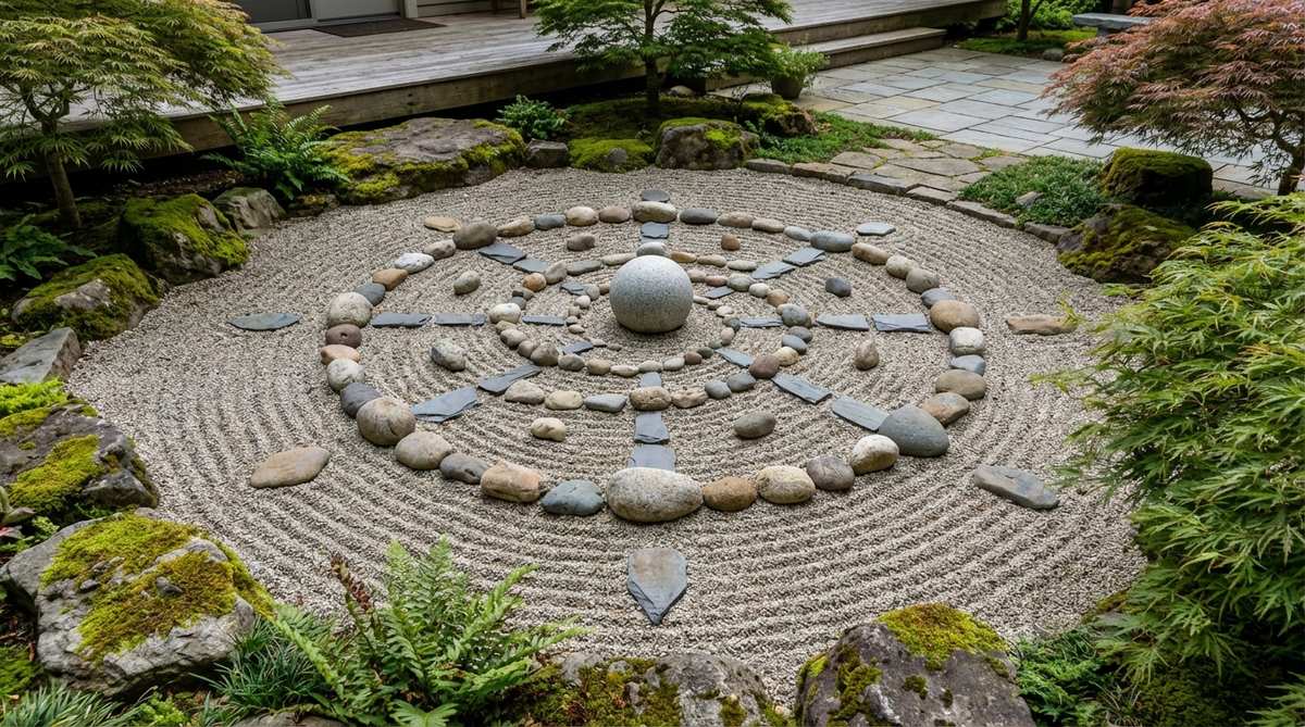 A mandala stone circle meditation arrangement in a Japanese stone garden, featuring stones arranged in a circular or spiral pattern with radial symmetry and a central stone, designed to support meditation practice through geometric order and organic irregularity.