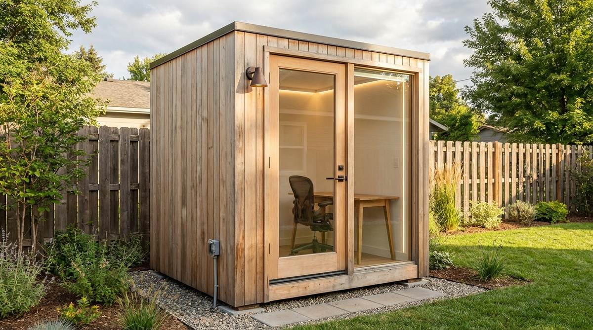 Ultra-compact 1.8x1.8 meter garden pod workspace with Western Red Cedar cladding, full insulation, and integrated electrics, providing a dedicated work zone with desk and chair for remote professionals.