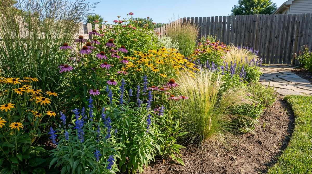 A vibrant display of mid-level perennials, ranging from 18 to 36 inches in height, positioned in the middle layer of a small garden. The image showcases a mix of flowering perennials with staggered bloom times and ornamental grasses, providing continuous seasonal color, movement, and texture to bridge groundcovers and taller plants.