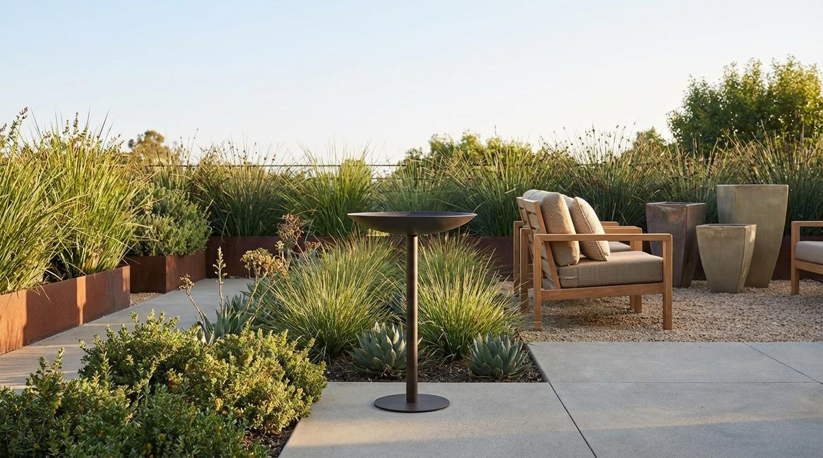 A minimalist bird bath featuring a sleek basin on a slender pedestal, made of concrete or metal, designed to attract wildlife while complementing modern garden aesthetics. Positioned in an outdoor space with clean lines and contemporary decor elements.